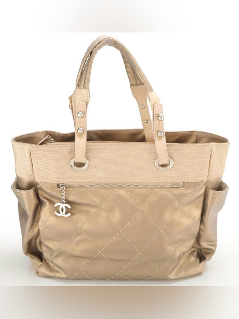 CHANEL Paris Biarritz Side Pocket Tote GM in Quilted Metallic Canvas with Pouch